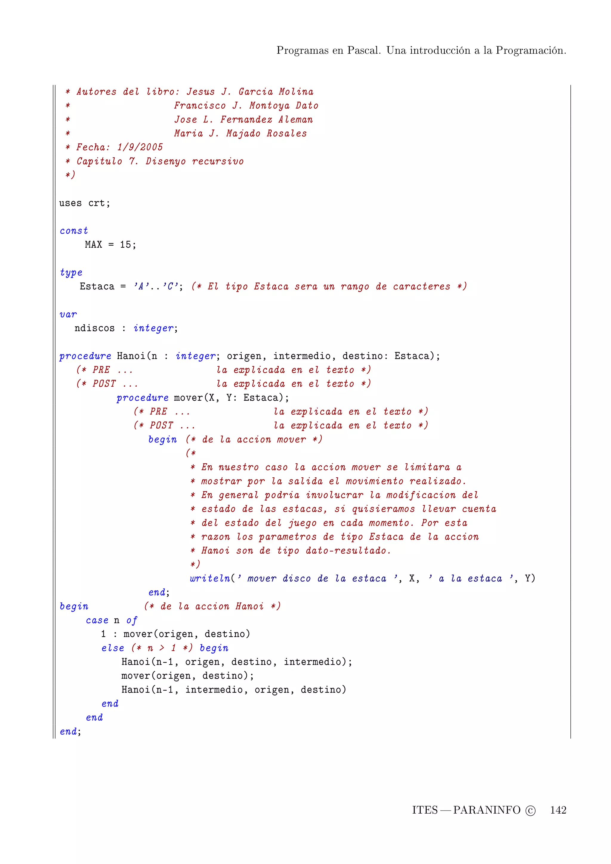 Programas en Pascal. Una introducción a la Programación.




* Autores del libro: Jesus J. Garcia Molina
*                  Francisco J. Montoya Dato
*                  Jose L. Fernandez Aleman
*                  Maria J. Majado Rosales
* Fecha: 1/9/2005
* Capitulo 7. Disenyo recursivo
*)

uses ™rtY

const
    weˆ a ISY

type
    ist—™— a 'A'FF'C'Y (* El tipo Estaca sera un rango de caracteres *)

var
   ndis™os X integerY

procedure r—noi@n X integerY origenD intermedioD destinoX ist—™—AY
   (* PRE ...                la explicada en el texto *)
   (* POST ...               la explicada en el texto *)
           procedure mover@ˆD ‰X ist—™—AY
              (* PRE ...               la explicada en el texto *)
              (* POST ...              la explicada en el texto *)
                 begin (* de la accion mover *)
                       (*
                        * En nuestro caso la accion mover se limitara a
                        * mostrar por la salida el movimiento realizado.
                        * En general podria involucrar la modificacion del
                        * estado de las estacas, si quisieramos llevar cuenta
                        * del estado del juego en cada momento. Por esta
                        * razon los parametros de tipo Estaca de la accion
                        * Hanoi son de tipo dato-resultado.
                        *)
                        writeln@' mover disco de la estaca 'D ˆD ' a la estaca 'D ‰A
                 endY
begin           (* de la accion Hanoi *)
     case n of
        I X mover@origenD destinoA
        else (* n  1 *) begin
            r—noi@nEID origenD destinoD intermedioAY
            mover@origenD destinoAY
            r—noi@nEID intermedioD origenD destinoA
        end
     end
endY




                                                                ITES  PARANINFO c        142
 