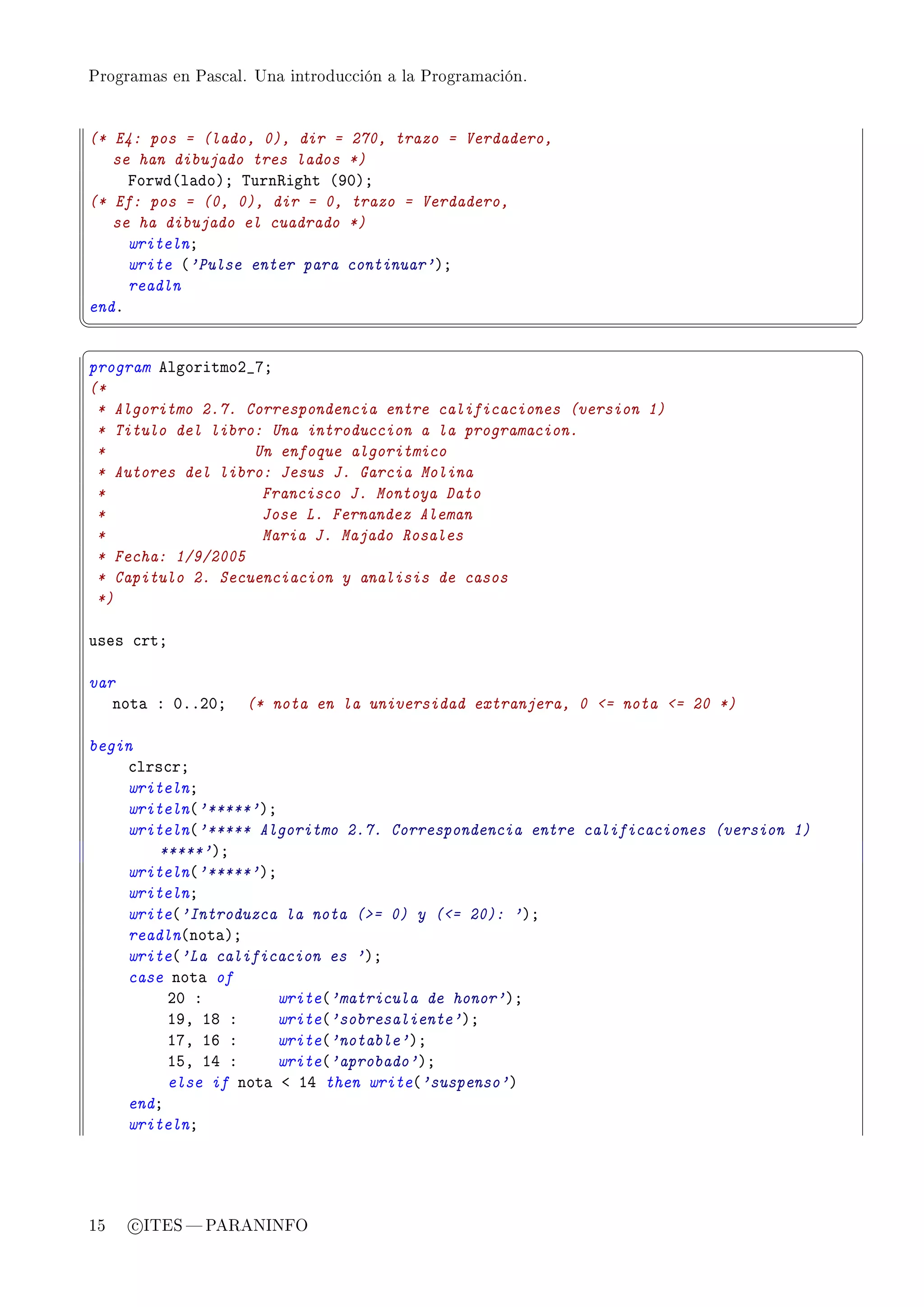 Programas en Pascal. Una introducción a la Programación.




(* E4: pos = (lado, 0), dir = 270, trazo = Verdadero,
   se han dibujado tres lados *)
     porwd@l—doAY „urn‚ight @WHAY
(* Ef: pos = (0, 0), dir = 0, trazo = Verdadero,
   se ha dibujado el cuadrado *)
     writelnY
     write @'Pulse enter para continuar'AY
     readln
endF
¦
                                                                                    ¥
§                                                                                    ¤
program elgoritmoP•UY
(*
 * Algoritmo 2.7. Correspondencia entre calificaciones (version 1)
 * Titulo del libro: Una introduccion a la programacion.
 *                 Un enfoque algoritmico
 * Autores del libro: Jesus J. Garcia Molina
 *                  Francisco J. Montoya Dato
 *                  Jose L. Fernandez Aleman
 *                  Maria J. Majado Rosales
 * Fecha: 1/9/2005
 * Capitulo 2. Secuenciacion y analisis de casos
 *)

uses ™rtY

var
   not— X HFFPHY    (* nota en la universidad extranjera, 0 = nota = 20 *)

begin
    ™lrs™rY
    writelnY
    writeln@'*****'AY
    writeln@'***** Algoritmo 2.7. Correspondencia entre calificaciones (version 1)
        *****'AY
    writeln@'*****'AY
    writelnY
    write@'Introduzca la nota (= 0) y (= 20): 'AY
    readln@not—AY
    write@'La calificacion es 'AY
    case not— of
         PH X         write@'matricula de honor'AY
         IWD IV X     write@'sobresaliente'AY
         IUD IT X     write@'notable'AY
         ISD IR X     write@'aprobado'AY
         else if not— ` IR then write@'suspenso'A
    endY
    writelnY




15   c ITES  PARANINFO
 