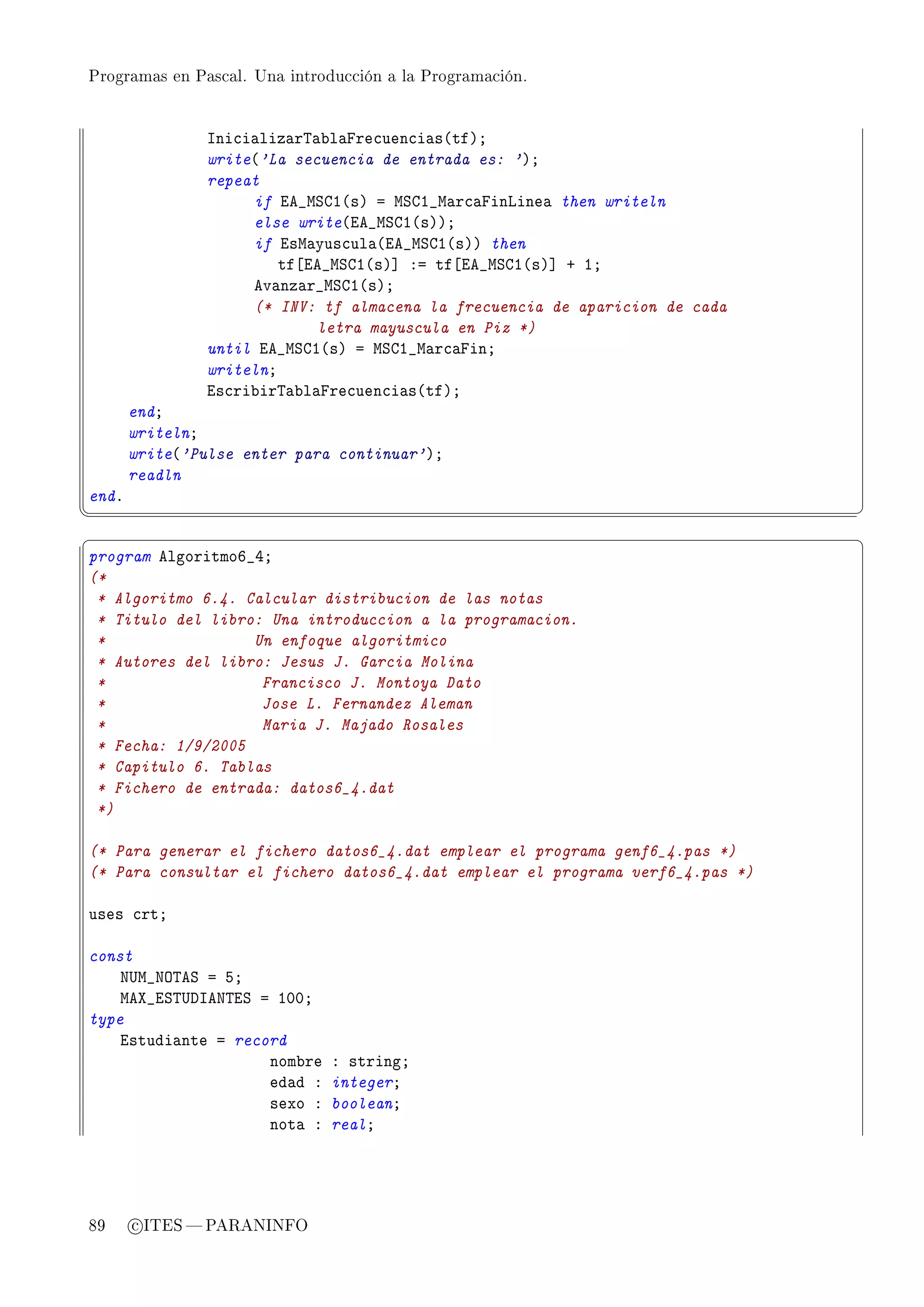 Programas en Pascal. Una introducción a la Programación.




               sni™i—liz—r„—˜l—pre™uen™i—s@tfAY
               write@'La secuencia de entrada es: 'AY
               repeat
                    if ie•wƒgI@sA a wƒgI•w—r™—pinvine— then writeln
                    else write@ie•wƒgI@sAAY
                    if isw—yus™ul—@ie•wƒgI@sAA then
                        tf‘ie•wƒgI@sA“ Xa tf‘ie•wƒgI@sA“ C IY
                    ev—nz—r•wƒgI@sAY
                    (* INV: tf almacena la frecuencia de aparicion de cada
                            letra mayuscula en Piz *)
               until ie•wƒgI@sA a wƒgI•w—r™—pinY
               writelnY
               is™ri˜ir„—˜l—pre™uen™i—s@tfAY
       endY
       writelnY
       write@'Pulse enter para continuar'AY
       readln
endF
¦
                                                                              ¥
§                                                                              ¤
program elgoritmoT•RY
(*
 * Algoritmo 6.4. Calcular distribucion de las notas
 * Titulo del libro: Una introduccion a la programacion.
 *                 Un enfoque algoritmico
 * Autores del libro: Jesus J. Garcia Molina
 *                  Francisco J. Montoya Dato
 *                  Jose L. Fernandez Aleman
 *                  Maria J. Majado Rosales
 * Fecha: 1/9/2005
 * Capitulo 6. Tablas
 * Fichero de entrada: datos6_4.dat
 *)

(* Para generar el fichero datos6_4.dat emplear el programa genf6_4.pas *)
(* Para consultar el fichero datos6_4.dat emplear el programa verf6_4.pas *)

uses ™rtY

const
    x…w•xy„eƒ a SY
    weˆ•iƒ„…hsex„iƒ a IHHY
type
    istudi—nte a record
                     nom˜re   X stringY
                     ed—d X   integerY
                     sexo X   booleanY
                     not— X   realY




89     c ITES  PARANINFO
 