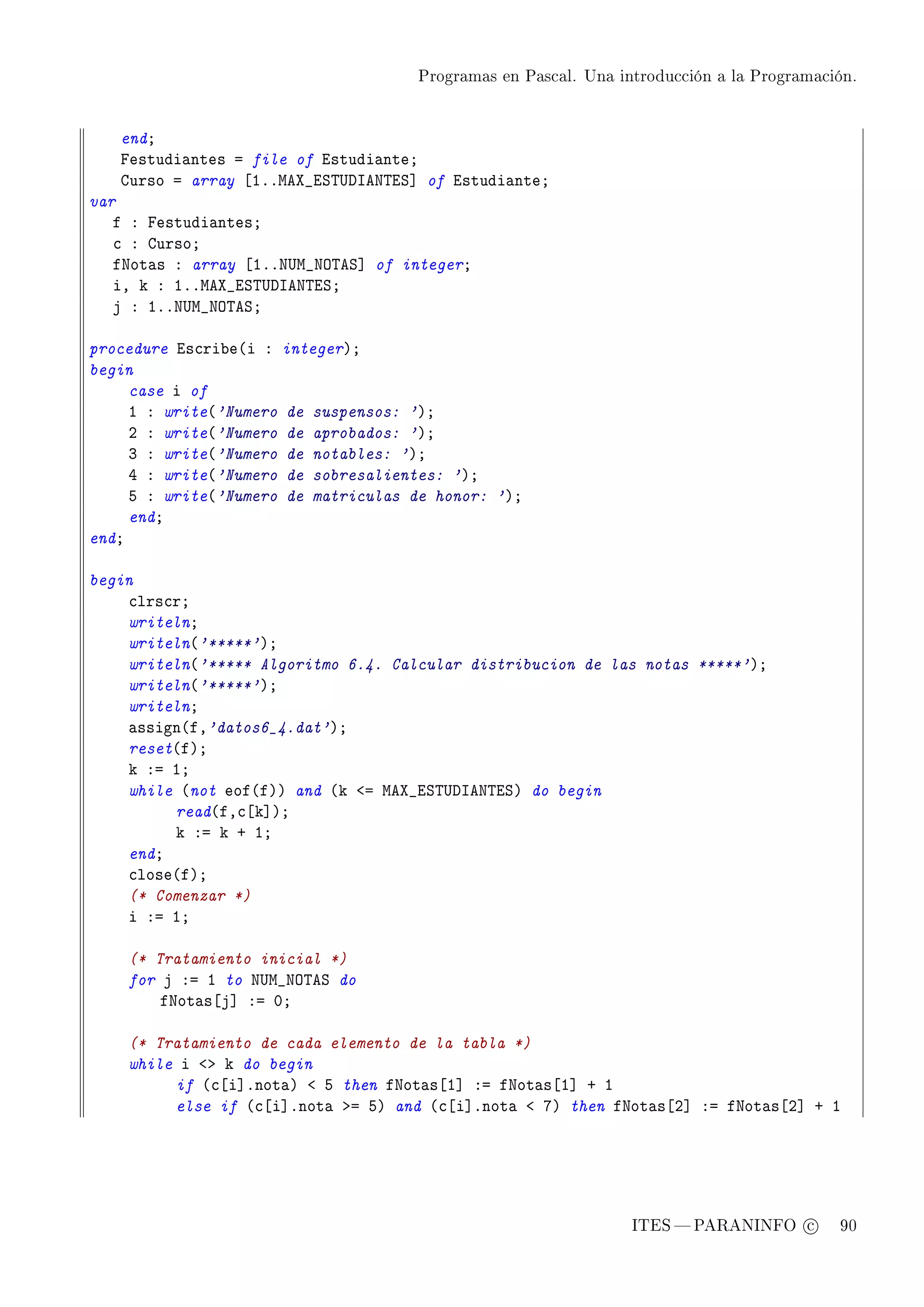 Programas en Pascal. Una introducción a la Programación.




   endY
   pestudi—ntes a file of istudi—nteY
   gurso a array ‘IFFweˆ•iƒ„…hsex„iƒ“ of istudi—nteY
var
   f X pestudi—ntesY
   ™ X gursoY
   fxot—s X array ‘IFFx…w•xy„eƒ“ of integerY
   iD k X IFFweˆ•iƒ„…hsex„iƒY
   j X IFFx…w•xy„eƒY

procedure is™ri˜e@i X integerAY
begin
     case i of
     I X write@'Numero de suspensos: 'AY
     P X write@'Numero de aprobados: 'AY
     Q X write@'Numero de notables: 'AY
     R X write@'Numero de sobresalientes: 'AY
     S X write@'Numero de matriculas de honor: 'AY
     endY
endY

begin
    ™lrs™rY
    writelnY
    writeln@'*****'AY
    writeln@'***** Algoritmo 6.4. Calcular distribucion de las notas *****'AY
    writeln@'*****'AY
    writelnY
    —ssign@fD'datos6_4.dat'AY
    reset@fAY
    k Xa IY
    while @not eof@fAA and @k `a weˆ•iƒ„…hsex„iƒA do begin
         read@fD™‘k“AY
         k Xa k C IY
    endY
    ™lose@fAY
    (* Comenzar *)
    i Xa IY

    (* Tratamiento inicial *)
    for j Xa I to x…w•xy„eƒ do
        fxot—s‘j“ Xa HY

    (* Tratamiento de cada elemento de la tabla *)
    while i `b k do begin
         if @™‘i“Fnot—A ` S then fxot—s‘I“ Xa fxot—s‘I“ C I
         else if @™‘i“Fnot— ba SA and @™‘i“Fnot— ` UA then fxot—s‘P“ Xa fxot—s‘P“ C I




                                                                ITES  PARANINFO c        90
 