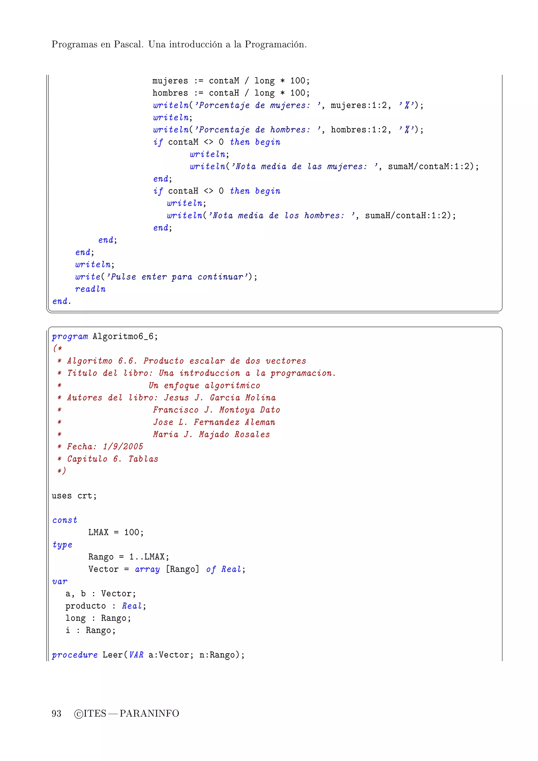 Programas en Pascal. Una introducción a la Programación.




                       mujeres Xa ™ont—w G long B IHHY
                       hom˜res Xa ™ont—r G long B IHHY
                       writeln@'Porcentaje de mujeres: 'D mujeresXIXPD ' %'AY
                       writelnY
                       writeln@'Porcentaje de hombres: 'D hom˜resXIXPD ' %'AY
                       if ™ont—w `b H then begin
                              writelnY
                              writeln@'Nota media de las mujeres: 'D sum—wG™ont—wXIXPAY
                       endY
                       if ™ont—r `b H then begin
                          writelnY
                          writeln@'Nota media de los hombres: 'D sum—rG™ont—rXIXPAY
                       endY
            endY
       endY
       writelnY
       write@'Pulse enter para continuar'AY
       readln
endF
¦
                                                                                         ¥
§                                                                                         ¤
program elgoritmoT•TY
(*
 * Algoritmo 6.6. Producto escalar de dos vectores
 * Titulo del libro: Una introduccion a la programacion.
 *                 Un enfoque algoritmico
 * Autores del libro: Jesus J. Garcia Molina
 *                  Francisco J. Montoya Dato
 *                  Jose L. Fernandez Aleman
 *                  Maria J. Majado Rosales
 * Fecha: 1/9/2005
 * Capitulo 6. Tablas
 *)

uses ™rtY

const
         vweˆ a IHHY
type
         ‚—ngo a IFFvweˆY
         †e™tor a array ‘‚—ngo“ of RealY
var
   —D ˜ X †e™torY
   produ™to X RealY
   long X ‚—ngoY
   i X ‚—ngoY

procedure veer@VAR —X†e™torY nX‚—ngoAY




93     c ITES  PARANINFO
 