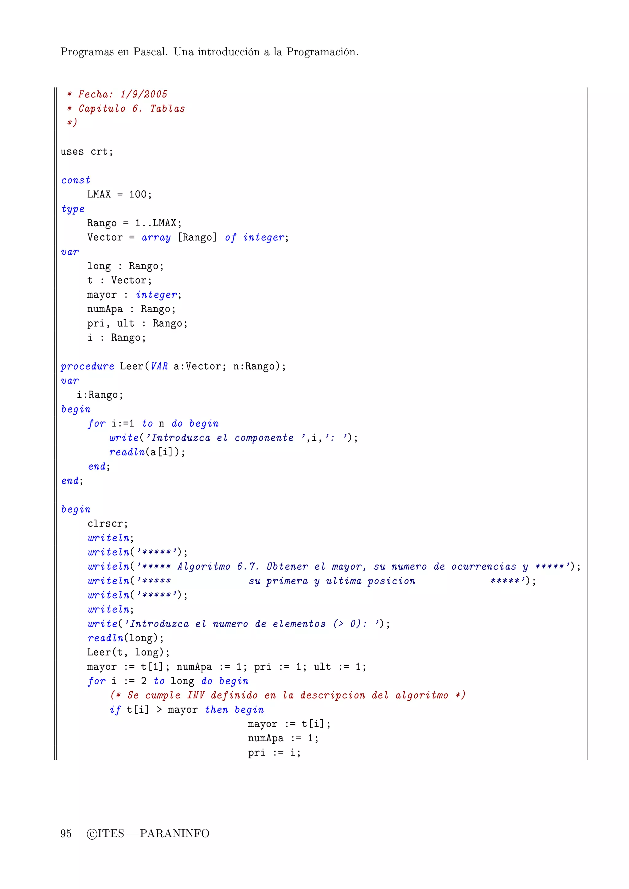 Programas en Pascal. Una introducción a la Programación.




 * Fecha: 1/9/2005
 * Capitulo 6. Tablas
 *)

uses ™rtY

const
     vweˆ a IHHY
type
     ‚—ngo a IFFvweˆY
     †e™tor a array ‘‚—ngo“ of integerY
var
     long X ‚—ngoY
     t X †e™torY
     m—yor X integerY
     numep— X ‚—ngoY
     priD ult X ‚—ngoY
     i X ‚—ngoY

procedure veer@VAR —X†e™torY nX‚—ngoAY
var
   iX‚—ngoY
begin
     for iXaI to n do begin
         write@'Introduzca el componente 'DiD': 'AY
         readln@—‘i“AY
     endY
endY

begin
    ™lrs™rY
    writelnY
    writeln@'*****'AY
    writeln@'***** Algoritmo 6.7. Obtener el mayor, su numero de ocurrencias y *****'AY
    writeln@'*****             su primera y ultima posicion            *****'AY
    writeln@'*****'AY
    writelnY
    write@'Introduzca el numero de elementos ( 0): 'AY
    readln@longAY
    veer@tD longAY
    m—yor Xa t‘I“Y numep— Xa IY pri Xa IY ult Xa IY
    for i Xa P to long do begin
        (* Se cumple INV definido en la descripcion del algoritmo *)
        if t‘i“ b m—yor then begin
                               m—yor Xa t‘i“Y
                               numep— Xa IY
                               pri Xa iY




95   c ITES  PARANINFO
 