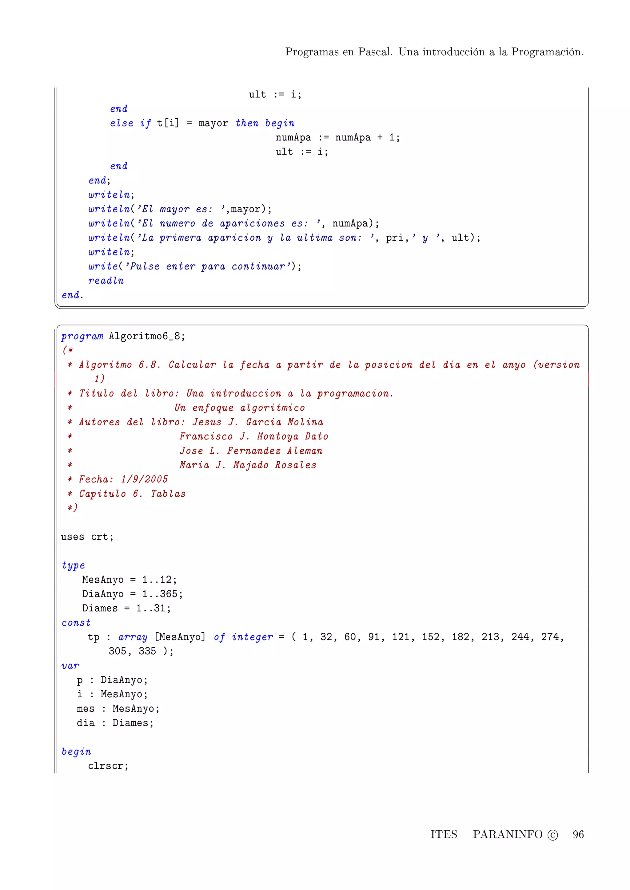 Programas en Pascal. Una introducción a la Programación.




                                  ult Xa iY
           end
           else if t‘i“ a m—yor then begin
                                       numep— Xa numep— C IY
                                       ult Xa iY
           end
       endY
       writelnY
       writeln@'El mayor es: 'Dm—yorAY
       writeln@'El numero de apariciones es: 'D numep—AY
       writeln@'La primera aparicion y la ultima son: 'D priD' y 'D ultAY
       writelnY
       write@'Pulse enter para continuar'AY
       readln
endF
¦
                                                                                                  ¥
§                                                                                                  ¤
program elgoritmoT•VY
(*
 * Algoritmo 6.8. Calcular la fecha a partir de la posicion del dia en el anyo (version
      1)
 * Titulo del libro: Una introduccion a la programacion.
 *                 Un enfoque algoritmico
 * Autores del libro: Jesus J. Garcia Molina
 *                  Francisco J. Montoya Dato
 *                  Jose L. Fernandez Aleman
 *                  Maria J. Majado Rosales
 * Fecha: 1/9/2005
 * Capitulo 6. Tablas
 *)

uses ™rtY

type
    wesenyo a IFFIPY
    hi—enyo a IFFQTSY
    hi—mes a IFFQIY
const
     tp X array ‘wesenyo“ of integer a @ ID QPD THD WID IPID ISPD IVPD PIQD PRRD PURD
         QHSD QQS AY
var
   p X hi—enyoY
   i X wesenyoY
   mes X wesenyoY
   di— X hi—mesY

begin
    ™lrs™rY




                                                                   ITES  PARANINFO c        96
 
