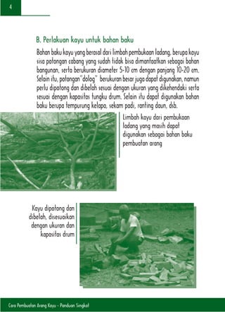 Cara Pembuatan Arang Kayu - Panduan Singkat
4
B. Perlakuan kayu untuk bahan baku
Bahanbakukayuyangberasaldarilimbahpembukaanladang,berupakayu
sisa potongan cabang yang sudah tidak bisa dimanfaatkan sebagai bahan
bangunan, serta berukuran diameter 5-10 cm dengan panjang 10-20 cm.
Selainitu,potongan“dolog” berukuranbesarjugadapatdigunakan,namun
perlu dipotong dan dibelah sesuai dengan ukuran yang dikehendaki serta
sesuai dengan kapasitas tungku drum. Selain itu dapat digunakan bahan
baku berupa tempurung kelapa, sekam padi, ranting daun, dsb.
Limbah kayu dari pembukaan
ladang yang masih dapat
digunakan sebagai bahan baku
pembuatan arang
Kayu dipotong dan
dibelah, disesuaikan
dengan ukuran dan
kapasitas drum
 