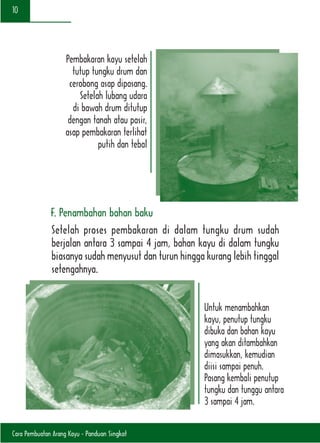 Cara Pembuatan Arang Kayu - Panduan Singkat
10
Pembakaran kayu setelah
tutup tungku drum dan
cerobong asap dipasang.
Setelah lubang udara
di bawah drum ditutup
dengan tanah atau pasir,
asap pembakaran terlihat
putih dan tebal
F. Penambahan bahan baku
Setelah proses pembakaran di dalam tungku drum sudah
berjalan antara 3 sampai 4 jam, bahan kayu di dalam tungku
biasanya sudah menyusut dan turun hingga kurang lebih tinggal
setengahnya.
Untuk menambahkan
kayu, penutup tungku
dibuka dan bahan kayu
yang akan ditambahkan
dimasukkan, kemudian
diisi sampai penuh.
Pasang kembali penutup
tungku dan tunggu antara
3 sampai 4 jam.
 