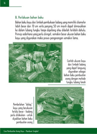 Cara Pembuatan Arang Kayu - Panduan Singkat
16
B. Perlakuan bahan baku
Bahanbakukayudarilimbahpembukaanladangyangmemilikidiameter
lebih besar dari 10 cm serta panjang 50 cm masih dapat dimasukkan
ke dalam lubang tungku tanpa dipotong atau dibelah terlebih dahulu.
Prinsip sederhana yang perlu diingat, semakin besar ukuran bahan baku
kayu yang digunakan maka proses pengarangan semakin lama.
Contoh ukuran kayu
dari limbah ladang
yang dapat langsung
digunakan sebagai
bahan baku pembuatan
arang dengan metode
tungku lubang tanah
Pembelahan “dolog”
kayu yang berukuran
terlalu besar - kadang
perlu dilakukan - untuk
dijadikan bahan baku
pembuatan arang
 