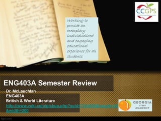 Working to
                            provide an
                            exemplary
                            individualized
                            and engaging
                            educational
                            experience for all
                            students.




ENG403A Semester Review
Dr. McLauchlan
ENG403A
British & World Literature
http://www.voki.com/pickup.php?scid=7254539&height=267
&width=200
 