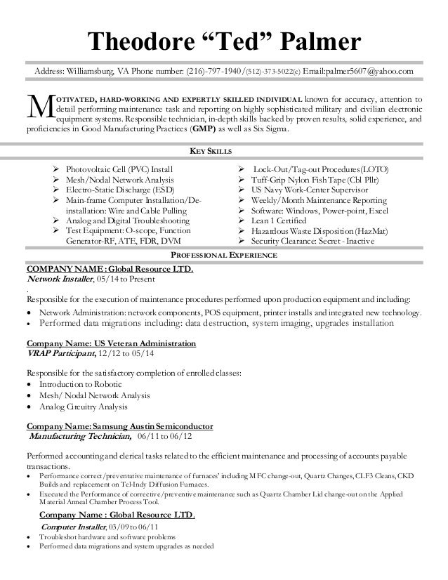 professional installation technician va resume cvr 13aug 16