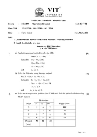 Page 1 of 4
Term End Examination - November 2012
Course : MEE437 - Operations Research Slot: B2+TB2
Class NBR : 2713 / 2708 / 5569 / 2710 / 3562 / 5568
Time : Three Hours Max.Marks:100
Note:
1. Use of Standard Normal and Random Number Tables are permitted
2. Graph sheet is to be provided
Answer any FIVE Questions
(5 X 20 = 100 Marks)
1. a) Apply the graphical method to solve the LPP:
Max Z = 5x1 + 8x2
Subject to 15x1+10x2 ≤ 180
10x1+20x2 ≤ 200
15x1+20x2 ≤ 210
and x1 , x2≥ 0.
[5]
b) Solve the following using Simplex method
Max Z = 15x1 + 6x2 +9x3 + 2x4
Subject to 2x1 + x2 +5x3 + 6x4 ≤ 20
3x1 + x2 +3x3 + 25x4 ≤ 24
-7x1-x4 ≥ 70
and x1 , x2, x3 , x4≥ 0.
[15]
2. a) Solve the transportation problem (use VAM) and find the optimal solution using
MODI method.
Origin
Destination
Supply (units)D1 D2 D3
A 5 6 9 100
B 3 5 10 75
C 6 7 6 50
D 6 4 10 75
Demand
(units)
70 80 120
[15]
 