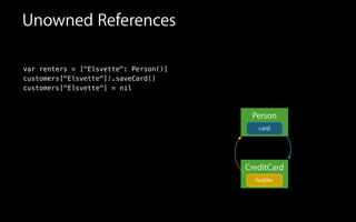 Unowned References
var renters = ["Elsvette": Person()]
customers["Elsvette"]!.saveCard()
customers["Elsvette"] = nil
Person
card
CreditCard
holder
 