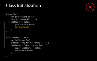 Class Initialization
class Car {
var paintColor: Color
func fillGasTank() {...}
init(color: Color) {
paintColor = color
fillGasTank()
}
}
!
class RaceCar: Car {
var hasTurbo: Bool
override func fillGasTank() { ... }
init(color: Color, turbo: Bool) {
super.init(color: color)
hasTurbo = turbo
}
}
 