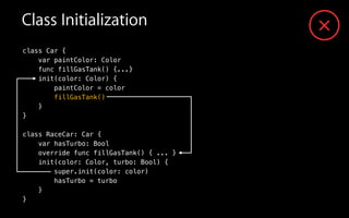 Class Initialization
class Car {
var paintColor: Color
func fillGasTank() {...}
init(color: Color) {
paintColor = color
fillGasTank()
}
}
!
class RaceCar: Car {
var hasTurbo: Bool
override func fillGasTank() { ... }
init(color: Color, turbo: Bool) {
super.init(color: color)
hasTurbo = turbo
}
}
 