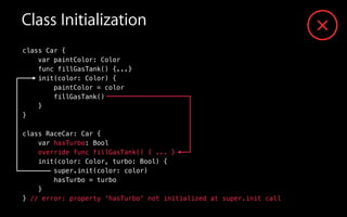 Class Initialization
class Car {
var paintColor: Color
func fillGasTank() {...}
init(color: Color) {
paintColor = color
fillGasTank()
}
}
!
class RaceCar: Car {
var hasTurbo: Bool
override func fillGasTank() { ... }
init(color: Color, turbo: Bool) {
super.init(color: color)
hasTurbo = turbo
}
} // error: property 'hasTurbo' not initialized at super.init call
 