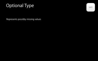 Optional Type
Represents possibly missing values
!
!
!
!
!
 