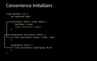Convenience Initializers
class RaceCar: Car {
var hasTurbo: Bool
init(color: Color, turbo: Bool) {
hasTurbo = turbo
super.init(color: color)
}
!
convenience init(color: Color) {
self.init(color: color, turbo: true)
}
!
convenience init() {
self.init(color: Color(gray: 0.4))
}
}
 