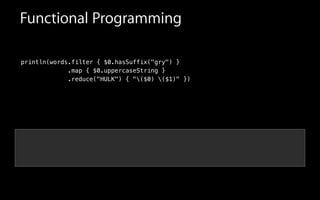 Functional Programming
println(words.filter { $0.hasSuffix("gry") }
.map { $0.uppercaseString }
.reduce("HULK") { "($0) ($1)" })
 
