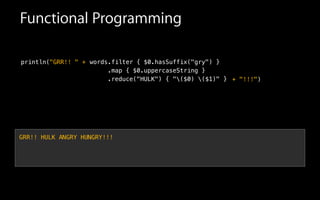Functional Programming
println(
GRR!! HULK ANGRY HUNGRY!!!
words.filter { $0.hasSuffix("gry") }
.map { $0.uppercaseString }
.reduce("HULK") { "($0) ($1)" } )
"GRR!! " +
+ "!!!"
 