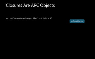 Closures Are ARC Objects
var onTemperatureChange: (Int) -> Void = {}
onTempChange
 