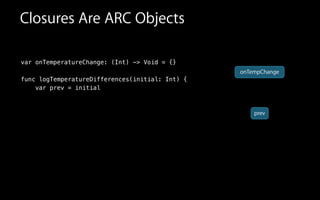 Closures Are ARC Objects
var onTemperatureChange: (Int) -> Void = {}
func logTemperatureDifferences(initial: Int) {
var prev = initial
onTempChange
prev
 