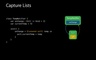 Capture Lists
class TempNotifier {
var onChange: (Int) -> Void = {}
var currentTemp = 72
!
init() {
currentTemp = tempself.
}
}
}
onChange = {[unowned self] temp in
{...}
TempNotifier
self
onChange
 