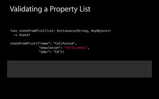 Validating a Property List
func stateFromPlist(list: Dictionary<String, AnyObject>)
-> State?
!
stateFromPlist(["name": "California",
"population": "hella peeps",
"abbr": "CA"])
 