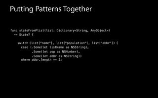 ( ,
.Some(let pop as NSNumber),
.Some(let abbr as NSString))
func stateFromPlist(list: Dictionary<String, AnyObject>)
-> State? {
!
switch
case
Putting Patterns Together
( , list["population"], list["abbr"])list["name"] {
where abbr.length == 2:
.Some( )let listName as NSString
 