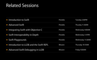 Related Sessions
• Introduction to Swift Presidio Tuesday 2:00PM
• Advanced Swift Presidio Thusday 11:30AM
• Integrating Swift with Objective-C Presidio Wednesday 9:00AM
• Swift Interoperability in Depth Presidio Wednesday 3:15PM
• Swift Playgrounds Presidio Wednesday 11:30AM
• Introduction to LLDB and the Swift REPL Mission Thursday 10:15AM
• Advanced Swift Debugging in LLDB Mission Friday 9:00AM
 