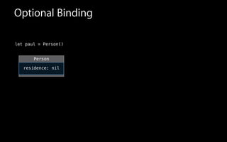 Optional Binding
let paul = Person()
Person
residence: nil
 