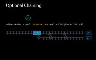Optional Chaining
?
addressNumber = paul.residence?.address?.buildingNumber?.toInt()
nil
Int
 