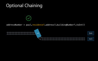 Optional Chaining
?
addressNumber = paul.residence?.address?.buildingNumber?.toInt()
nil
Int
 