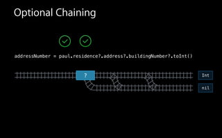 Optional Chaining
addressNumber = paul.residence?.address?.buildingNumber?.toInt()
?
nil
Int
 
