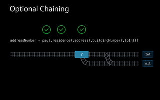 Optional Chaining
?
addressNumber = paul.residence?.address?.buildingNumber?.toInt()
nil
Int
 
