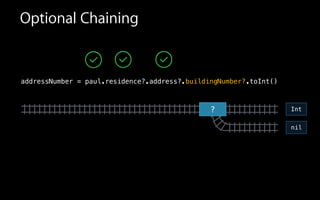 Optional Chaining
?
addressNumber = paul.residence?.address?.buildingNumber?.toInt()
nil
Int
 