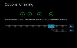 Optional Chaining
?
addressNumber = paul.residence?.address?.buildingNumber?.toInt()
nil
Int
 