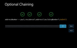 Optional Chaining
?
addressNumber = paul.residence?.address?.buildingNumber?.toInt()
nil
Int
 