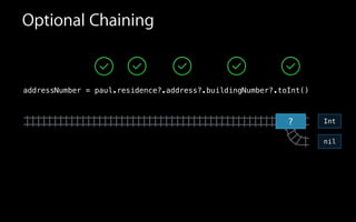 Int
Optional Chaining
addressNumber = paul.residence?.address?.buildingNumber?.toInt()
nil
?
 