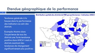 Etendue géographique de la performance
• Tendance générale à la
hausse dans la performance
des indicators au sein des
districts
• Exemple: Montre dans
l’expérience de tous les
districts une forte tendance
positive dans ANC4+ mais 8
districts montrent des
tendances de changement
significativement plus positives
6
3/29/2014
Distributionspatialedes districts de FBR parperformance – IndicateurANC4+
 