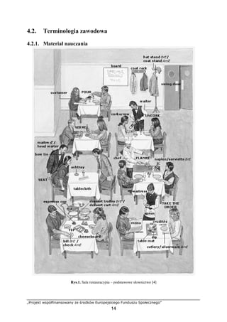 „Projekt współfinansowany ze środków Europejskiego Funduszu Społecznego”
14
4.2. Terminologia zawodowa
4.2.1. Materiał nauczania
Rys.1. Sala restauracyjna – podstawowe słownictwo [4]
 