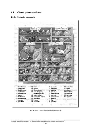 „Projekt współfinansowany ze środków Europejskiego Funduszu Społecznego”
26
4.3. Oferta gastronomiczna
4.3.1. Materiał nauczania
Rys. 8 Owoce / Fruit – podstawowe słownictwo [4]
 