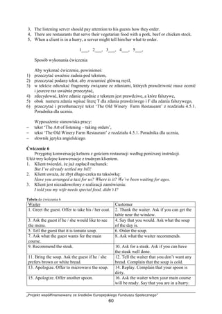 „Projekt współfinansowany ze środków Europejskiego Funduszu Społecznego”
60
3, The listening server should pay attention to his guests how they order.
4, There are restaurants that serve their vegetarian food with a pork, beef or chicken stock.
5, When a client is in a hurry, a server might tell him/her what to order.
1___, 2___, 3___, 4___, 5___,
Sposób wykonania ćwiczenia
Aby wykonać ćwiczenie, powinieneś:
1) przeczytać uważnie zadnia pod tekstem,
2) przeczytać podany tekst, aby zrozumieć główną myśl,
3) w tekście odszukać fragmenty związane ze zdaniami, których prawdziwość masz ocenić
i jeszcze raz uważnie przeczytać,
4) zdecydować, które zdanie zgodnie z tekstem jest prawdziwe, a które fałszywe,
5) obok numeru zdania wpisać literę T dla zdania prawdziwego i F dla zdania fałszywego,
6) przeczytać i przetłumaczyć tekst ‘The Old Winery Farm Restaueant’ z rozdziału 4.5.1.
Poradnika dla ucznia.
Wyposażenie stanowiska pracy:
− tekst ‘The Art of listening – taking orders’,
− tekst ‘The Old Winery Farm Restaurant’ z rozdziału 4.5.1. Poradnika dla ucznia,
− słownik języka angielskiego.
Ćwiczenie 6
Przygotuj konwersację kelnera z gościem restauracji według poniższej instrukcji.
Ułóż trzy kolejne konwersacje z trudnym klientem.
1. Klient twierdzi, że już zapłacił rachunek:
But I’ve already settled my bill!
2. Klient uważa, że zbyt długo czeka na taksówkę:
Have you arranged a taxi for us? Where is it? We’ve been waiting for ages.
3. Klient jest niezadowolony z realizacji zamówienia:
I told you my wife needs special food, didn’t I?
Tabela do ćwiczenia 6
Waiter Customer
1. Greet the guest. Offer to take his / her coat. 2. Thank the waiter. Ask if you can get the
table near the window.
3. Ask the guest if he / she would like to see
the menu.
4. Say that you would. Ask what the soup
of the day is.
5. Tell the guest that it is tomato soup. 6. Order the soup.
7. Ask what the guest wants for the main
course.
8. Ask what the waiter recommends.
9. Recommend the steak. 10. Ask for a steak. Ask if you can have
the steak well done.
11. Bring the soup. Ask the guest if he / she
prefers brown or white bread.
12. Tell the waiter that you don’t want any
bread. Complain that the soup is cold.
13. Apologize. Offer to microwave the soup. 14. Replay. Complain that your spoon is
dirty.
15. Apologize. Offer another spoon. 16. Ask the waiter when your main course
will be ready. Say that you are in a hurry.
 