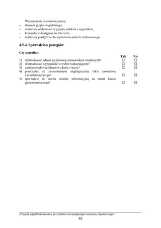 „Projekt współfinansowany ze środków Europejskiego Funduszu Społecznego”
62
Wyposażenie stanowiska pracy:
− słownik języka angielskiego,
− materiały reklamowe w języku polskim i angielskim,
− komputer z dostępem do Internetu,
− materiały plastyczne do wykonania pakietu reklamowego.
4.5.4. Sprawdzian postępów
Czy potrafisz:
Tak Nie
1) sformułować zdania za pomocą czasowników modalnych? ! !
2) sformułować wypowiedź w trybie rozkazującym? ! !
3) zarekomendować klientowi danie z karty? ! !
4) przeczytać ze zrozumieniem anglojęzyczny tekst zawodowy
i przetłumaczyć go? ! !
5) sporządzić ze słuchu notatkę informacyjną na temat lokalu
gastronomicznego? ! !
 