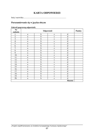 „Projekt współfinansowany ze środków Europejskiego Funduszu Społecznego”
67
KARTA ODPOWIEDZI
Imię i nazwisko..........................................................................................
Porozumiewanie się w języku obcym
Zakreśl poprawną odpowiedź.
Nr
zadania
Odpowiedź Punkty
1. a b c d
2. a b c d
3. a b c d
4. a b c d
5. a b c d
6. a b c d
7. a b c d
8. a b c d
9. a b c d
10. a b c d
11. a b c d
12. a b c d
13. a b c d
14. a b c d
15. a b c d
16. a b c d
17. a b c d
18. a b c d
19. a b c d
20. a b c d
Razem:
 