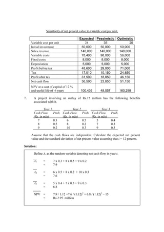 Sensitivity of net present value to variable cost per unit.
Expected Pessimistic Optimistic
Variable cost per unit 28 35 20
Initial investment 50,000 50,000 50,000
Sales revenue 140,000 140,000 140,000
Variable costs 78,400 98,000 56,000
Fixed costs 8,000 8,000 8,000
Depreciation 5,000 5,000 5,000
Profit before tax 48,600 29,000 71,000
Tax 17,010 10,150 24,850
Profit after tax 31,590 18,850 46,150
Net cash flow 36,590 23,850 51,150
NPV at a cost of capital of 12 %
and useful life of 6 years 100,436 48,057 160,298
7. A project involving an outlay of Rs.15 million has the following benefits
associated with it.
Year 1 Year 2 Year 3
Cash Flow Prob. Cash Flow Prob. Cash Flow Prob.
(Rs. in mln) (Rs. in mln) (Rs. in mln)
7 0.3 6 0.5 5 0.4
8 0.5 8 0.2 7 0.3
9 0.2 10 0.3 9 0.3
Assume that the cash flows are independent. Calculate the expected net present
value and the standard deviation of net present value assuming that i = 12 percent.
Solution:
Define At as the random variable denoting net cash flow in year t.
A1 = 7 x 0.3 + 8 x 0.5 + 9 x 0.2
= 7.9
A2 = 6 x 0.5 + 8 x 0.2 + 10 x 0.3
= 7.6
A3 = 5 x 0.4 + 7 x 0.3 + 9 x 0.3
= 6.8
NPV = 7.9 / 1.12 +7.6 / (1.12)2
+ 6.8 / (1.12)3
– 15
= Rs.2.95 million
 