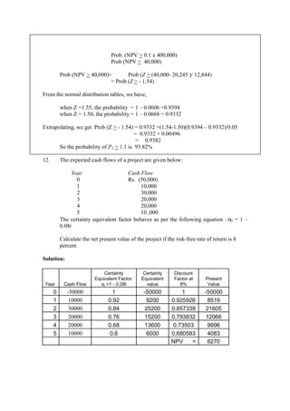 Prob. (NPV > 0.1 x 400,000)
Prob (NPV > 40,000)
Prob (NPV > 40,000)= Prob (Z > (40,000- 20,245 )/ 12,844)
= Prob (Z > - 1.54)
From the normal distribution tables, we have,
when Z =1.55, the probability = 1 – 0.0606 =0.9394
when Z = 1.50, the probability = 1 – 0.0668 = 0.9332
Extrapolating, we get Prob (Z > - 1.54) = 0.9332 +(1.54-1.50)(0.9394 – 0.9332)/0.05
= 0.9332 + 0.00496
= 0.9382
So the probability of P1 > 1.1 is 93.82%
12. The expected cash flows of a project are given below:
Year Cash Flow
0 Rs. (50,000)
1 10,000
2 30,000
3 20,000
4 20,000
5 10 ,000
The certainty equivalent factor behaves as per the following equation : αt = 1 –
0.08t
Calculate the net present value of the project if the risk-free rate of return is 8
percent
Solution:
Year Cash Flow
Certainty
Equivalent Factor:
αt =1 - 0.08t
Certainty
Equivalent
value
Discount
Factor at
8%
Present
Value
0 -50000 1 -50000 1 -50000
1 10000 0.92 9200 0.925926 8519
2 30000 0.84 25200 0.857339 21605
3 20000 0.76 15200 0.793832 12066
4 20000 0.68 13600 0.73503 9996
5 10000 0.6 6000 0.680583 4083
NPV = 6270
 