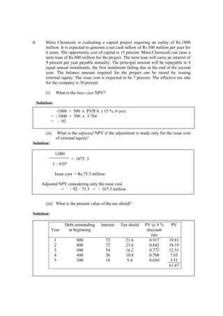 6. Mitra Chemicals is evaluating a capital project requiring an outlay of Rs.1800
million. It is expected to generate a net cash inflow of Rs.500 million per year for
6 years. The opportunity cost of capital is 15 percent. Mitra Chemicals can raise a
term loan of Rs.800 million for the project. The term loan will carry an interest of
9 percent per year payable annually. The principal amount will be repayable in 4
equal annual instalments, the first instalment falling due at the end of the second
year. The balance amount required for the project can be raised by issuing
external equity. The issue cost is expected to be 7 percent. The effective tax rate
for the company is 30 percent
(i) What is the base case NPV?
Solution:
(ii) What is the adjusted NPV if the adjustment is made only for the issue cost
of external equity?
Solution:
(iii) What is the present value of the tax shield?
Solution:
-1800 + 500 x PVIFA ( 15 %, 6 yrs)
= - 1800 + 500 x 3.784
= - 92
1,000
= 1075 .3
1 – 0.07
Issue cost = Rs.75.3 million
Adjusted NPV considering only the issue cost
= - 92 – 75.3 = - 167.3 million
Year
Debt outstanding
at beginning
Interest Tax shield PV @ 9 %
discount
rate
PV
1
2
3
4
5
800
800
600
400
200
72
72
54
36
18
21.6
21.6
16.2
10.8
5.4
0.917
0.842
0.772
0.708
0.650
19.81
18.19
12.51
7.65
3.51
61.67
 