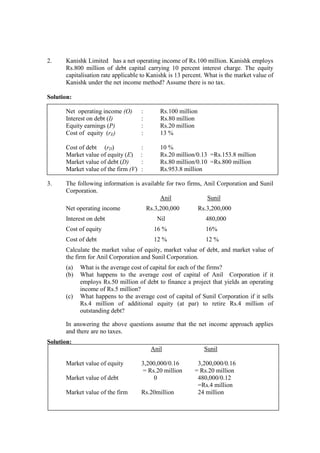 2. Kanishk Limited has a net operating income of Rs.100 million. Kanishk employs
Rs.800 million of debt capital carrying 10 percent interest charge. The equity
capitalisation rate applicable to Kanishk is 13 percent. What is the market value of
Kanishk under the net income method? Assume there is no tax.
Solution:
Net operating income (O) : Rs.100 million
Interest on debt (I) : Rs.80 million
Equity earnings (P) : Rs.20 million
Cost of equity (rE) : 13 %
Cost of debt (rD) : 10 %
Market value of equity (E) : Rs.20 million/0.13 =Rs.153.8 million
Market value of debt (D) : Rs.80 million/0.10 =Rs.800 million
Market value of the firm (V) : Rs.953.8 million
3. The following information is available for two firms, Anil Corporation and Sunil
Corporation.
Anil Sunil
Net operating income Rs.3,200,000 Rs.3,200,000
Interest on debt Nil 480,000
Cost of equity 16 % 16%
Cost of debt 12 % 12 %
Calculate the market value of equity, market value of debt, and market value of
the firm for Anil Corporation and Sunil Corporation.
(a) What is the average cost of capital for each of the firms?
(b) What happens to the average cost of capital of Anil Corporation if it
employs Rs.50 million of debt to finance a project that yields an operating
income of Rs.5 million?
(c) What happens to the average cost of capital of Sunil Corporation if it sells
Rs.4 million of additional equity (at par) to retire Rs.4 million of
outstanding debt?
In answering the above questions assume that the net income approach applies
and there are no taxes.
Solution:
Anil Sunil
Market value of equity 3,200,000/0.16 3,200,000/0.16
= Rs.20 million = Rs.20 million
Market value of debt 0 480,000/0.12
=Rs.4 million
Market value of the firm Rs.20million 24 million
 