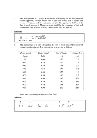5. The management of Lavanya Corporation, subscribing to the net operating
income approach, believes that its cost of debt and overall cost of capital will
remain at 10 percent and 16 percent, respectively. If the equity shareholders of the
firm demand a return of 22 percent, what should be the proportion of debt and
equity in the firm’s capital structure? Assume that there are no taxes.
Solution:
rE = rA + (rA-rD)D/E
22 = 16 + (16-10) D/E
So D/E = 1.0
6. The management of a firm believes that the cost of equity and debt for different
proportions of equity and debt in the capital structure are as follows
What is the optimal capital structure of the firm?
Solution:
E D E D
rE rD rA = rE + rD
D+E D+E (%) (%) D+E D+E
Proportion of Proportion of Cost of Equity, Cost of Debt,
Equity Debt rE% rD%
1.00 0.00 15.0 7.0
0.90 0.10 16.0 7.5
0.80 0.20 16.5 8.0
0.70 0.30 17.0 8.5
0.60 0.40 17.5 9.0
0.50 0.50 18.0 9.5
0.40 0.60 18.5 10.0
0.30 0.70 19.0 11.0
0.20 0.80 19.5 12.0
0.10 0.90 20.0 14.0
 