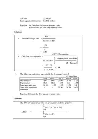 Tax rate 33 percent
Loan repayment instalment Rs.20.0 million
Required: (a) Calculate the interest coverage ratio.
(b) Calculate the cash flow coverage ratio.
Solution:
EBIT
a. Interest coverage ratio =
Interest on debt
125
=
52
= 2.40
EBIT + Depreciation
b. Cash flow coverage ratio =
Loan repayment instalment
Int.on debt +
(1 – Tax rate)
= 125 + 30
= 1.89
52 + 20/0.67
11. The following projections are available for Aristocrats Limited:
Rs. in million
Year 1 Year 2 Year 3 Year 4 Year 5
Profit after tax -3.0 13.0 24.00 28.00 25.00
Depreciation 15.0 11.25 8.43 6.33 4.75
Interest on term loan 14.00 14.00 14.0 11.20 8.4
Term loan repayment - - 20.00 20.00 20.00
instalment
Required: Calculate the debt service coverage ratio.
Solution:
The debt service coverage ratio for Aristocrats Limited is given by:
5
∑ ( PAT i + Depi + Inti)
i=1
DSCR = 5
∑ (Inti + LRIi)
i=1
 