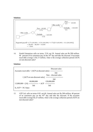 Solution:
14. Zenith Enterprises sells on terms, 2/10, net 30. Annual sales are Rs.200 million.
40 percent of its customers pay on the 10th
day and take the discount. If accounts
receivable average is Rs.15 million, what is the average collection period (ACP)
on non-discount sales?
Solution:
15. ATP Ltd. sells on terms 4/45, net 60 .Annual sales are Rs.200 million, 40 percent
of its customers pay on the 45th
day and take the discount. If the accounts
receivable average Rs.25 million, what is the average collection period (ACP) on
non discount sales?
Discount sales
Accounts receivable = [ACP on discount sales]
360
Non – discount sales
+ [ACP on non-discount sales]
360
80,000,000 120,000,000
15,000,000 = [10] + ACP
360 360
S0 ACP = 38.3 days
 