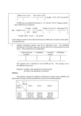 3000 x 76.8 x 0.125 1025 x 80 x 0.125
- - = 48,000 + 3372- 9,275 =Rs.42.097
2 2
If 5000 units are ordered the discount is : .07 x Rs.80 = Rs.5.6 Change in profit
when 5,000 units are ordered is :
15,000 15,000 5000x 74.4 x0.125 1025x80x0.125
∆π = 15,000 x 5.6 + - x 350- -
1025 5000 2 2
= 84,000 +4072– 18,125 = Rs. 69,947
As the change in profit is more when the discount on 5000 units is availed of, that option
is the preferred one.
9. Gulfstar Corporation requires steel for its fabrication work. The probability
distributions of the daily usage rate and the lead time for procurement are given
below. These distributions are independent.
Daily usage rate Probability Lead time Probability
in tonnes in days
5 .2 4 .5
7 .5 6 .3
9 .3 10 .2
The stockout cost is estimated to be Rs.5,000 per ton. The carrying cost is
Rs.2,000 per ton per year.
Required: (a) What is the optimal level of safety stock?
(b) What is the probability of stockout?
Solution:
The quantities required for different combinations of daily usage rate(DUR) and
lead times(LT) along with their probabilities are given in the following table
LT
(Days)
DUR 4(0.5) 6(0.3) 10(0.2)
(Units)
5(0.2) 20*(0.10) 30(0.06) 50(0.04)
7(0.5) 28 (0.25) 42(0.15) 70(0.10)
9(0.3) 36 (0.15) 54(0.09) 90(0.06)
The normal (expected) consumption during the lead time is :
 